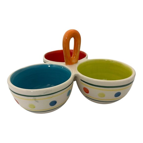 Tag Other - TAG Triple Condiment Server Bowl Dish Dip Polka Dot Ceramic Hand Painted Holder
